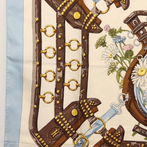 HERMES Carre 90 Scarf ""aux champs"" Silk Light Blue Auth BA6381 - Picture 10 of 12